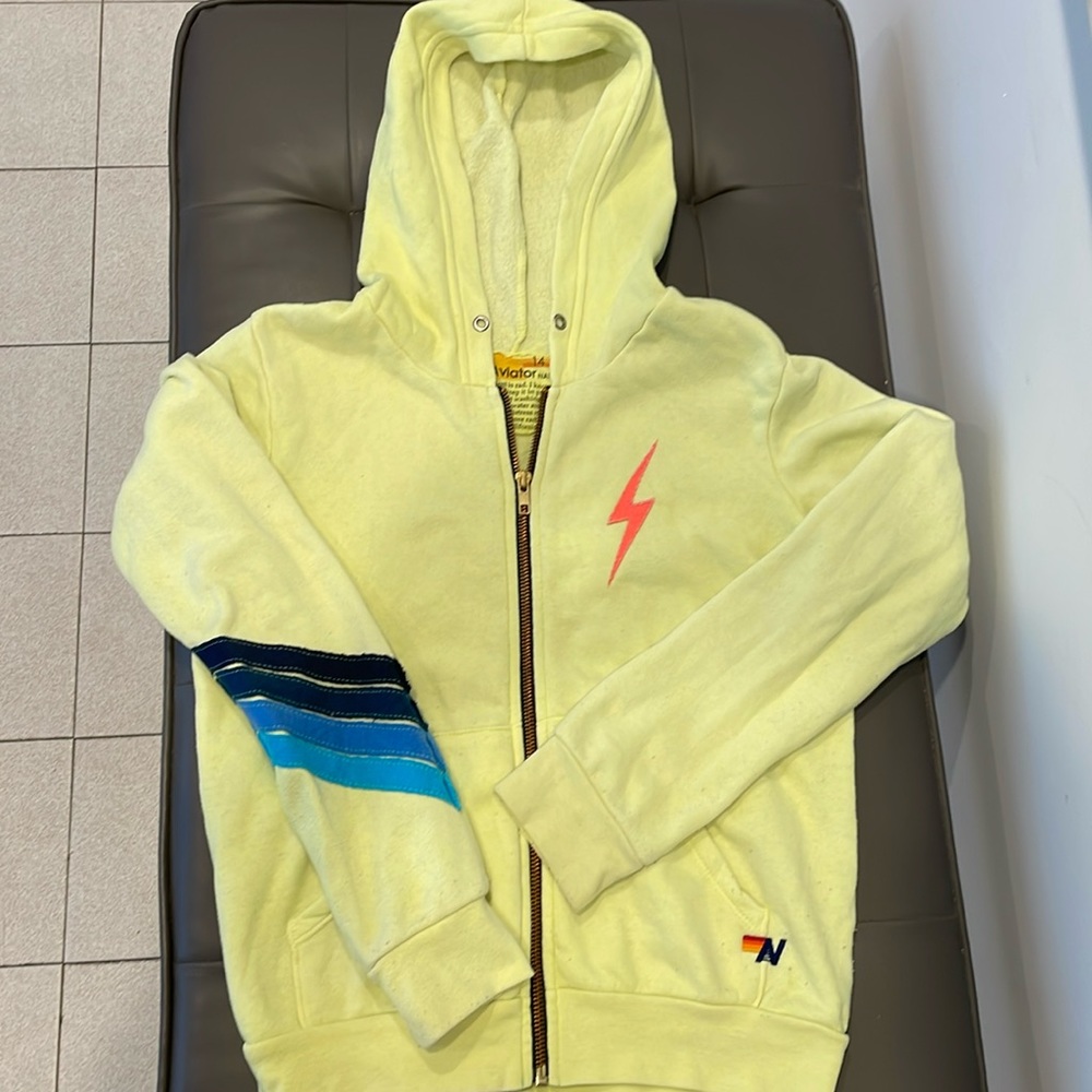 Kids Aviator Nation zipper hoodie worn only once! Neon yellow. Soft and yummy.